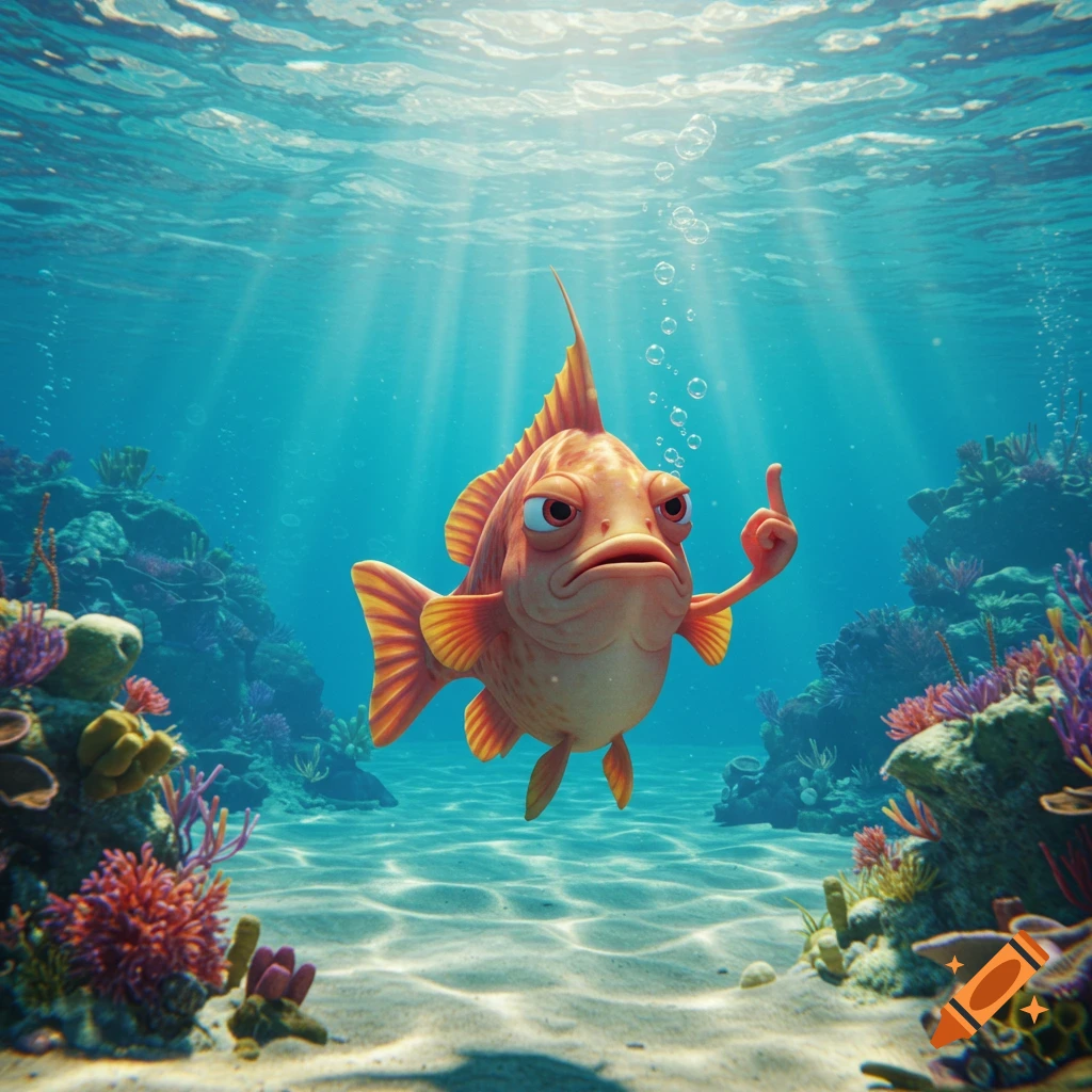 An angry orange cartoon fish underwater extends a middle finger, surrounded by coral and bubbles.