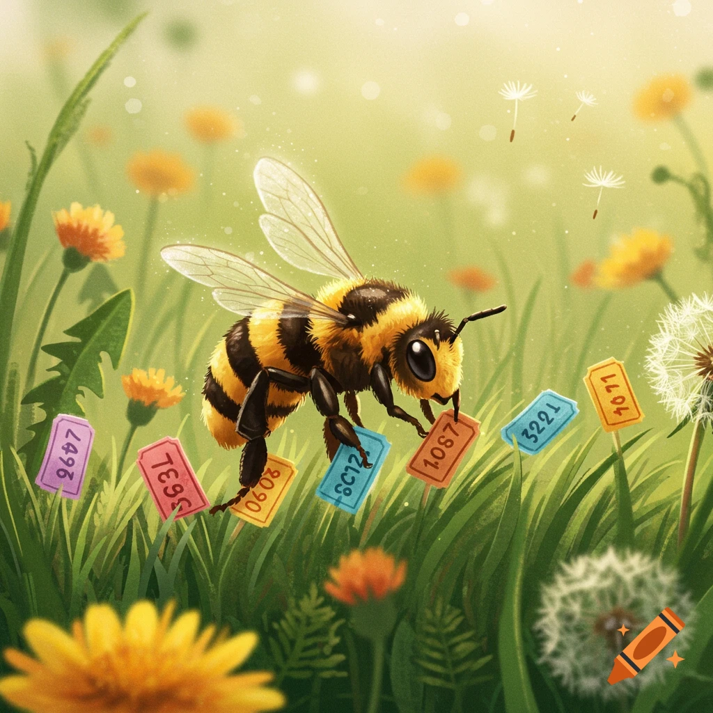 A whimsical illustration of a fuzzy bumblebee in a green field collecting colorful numerical tags from blades of grass among yellow dandelions.