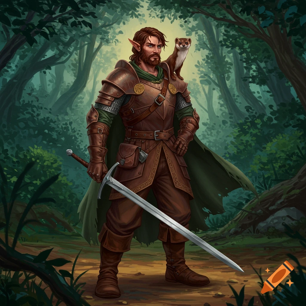 A male half-elf fighter with a beard, brown hair, armor, and a sword, stands in a forest with a weasel on his shoulder. Digital art.