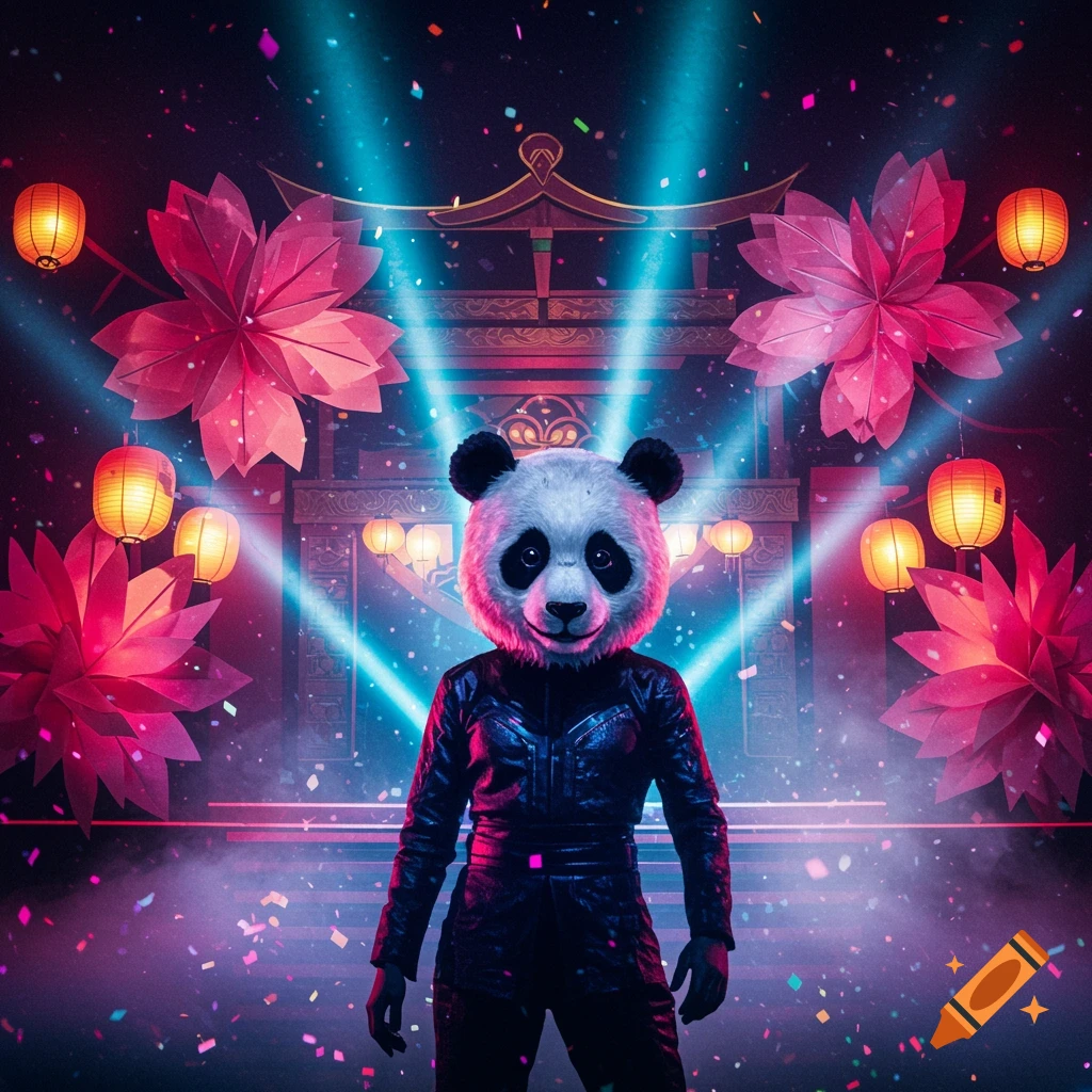 A person in a panda mask and dark suit stands on a vibrant stage with blue lights, pink paper flowers, and confetti.