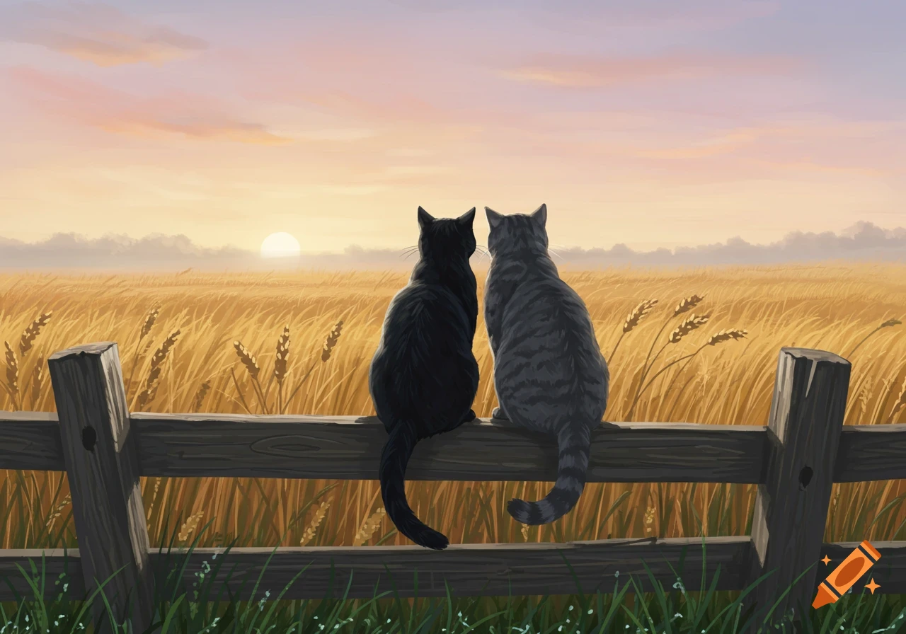 A black cat and a gray tabby cat sit on a wooden fence, looking at a golden wheat field at sunset.