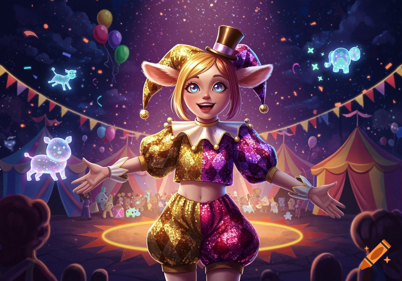 A happy cartoon jester in a glittery gold and purple outfit stands under a starry circus tent with glowing animal shapes.