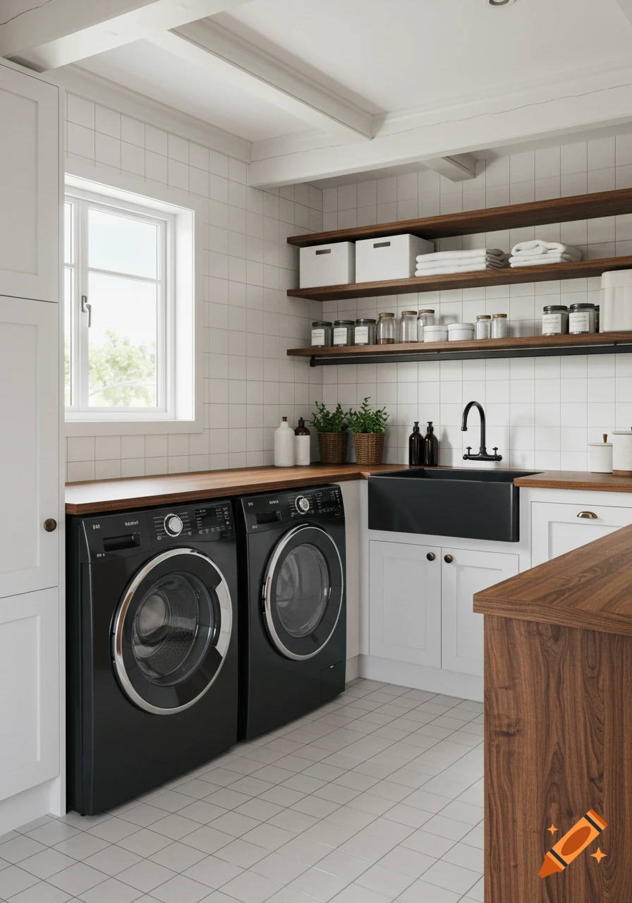 A photorealistic modern country homestead laundry room with black washer and dryer, black sink, timber countertops, and open shelving.