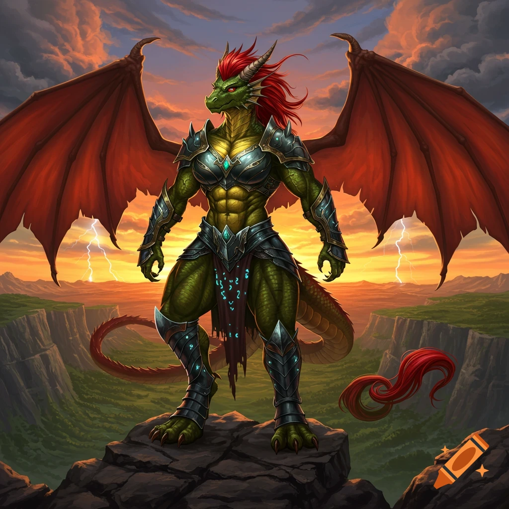 A muscular green dragon with red wings and hair, wearing armor, stands on a rocky peak at sunset with lightning in the sky.