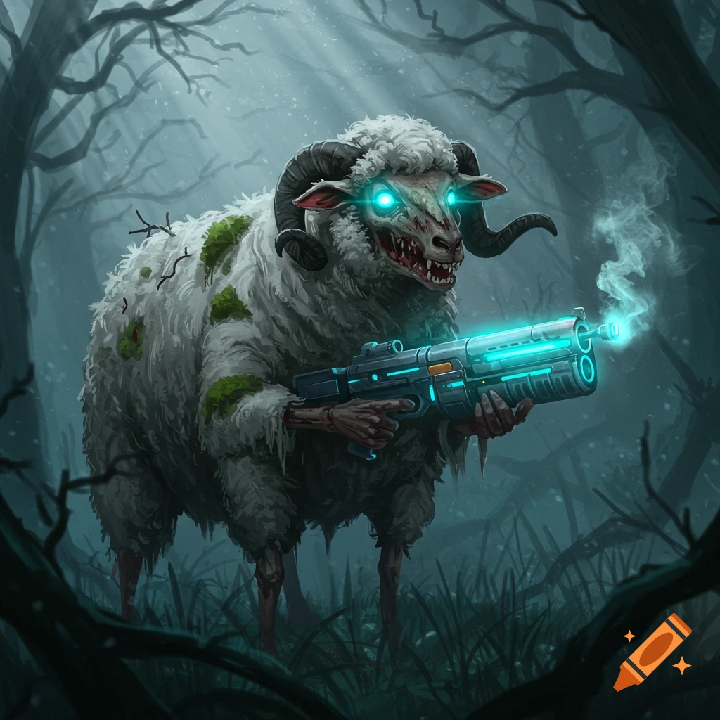 A monstrous zombie sheep with glowing blue eyes holds a futuristic laser rifle in a dark, misty forest.