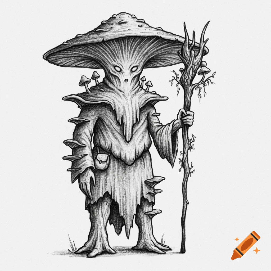 A charcoal sketch of a mushroom-headed fantasy creature resembling a druid, holding a staff, on a white background.
