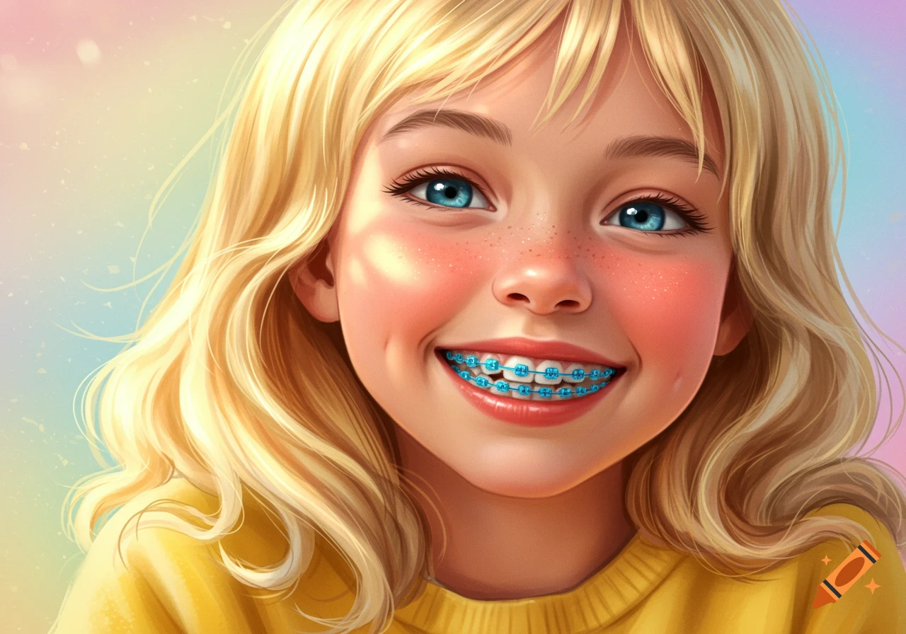 Close-up digital illustration of a smiling blonde girl with blue braces, blue eyes, freckles, and rosy cheeks, wearing a yellow sweater.