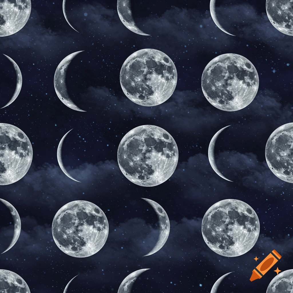 A seamless pattern featuring various phases of the moon against a dark, starry night sky with subtle clouds.