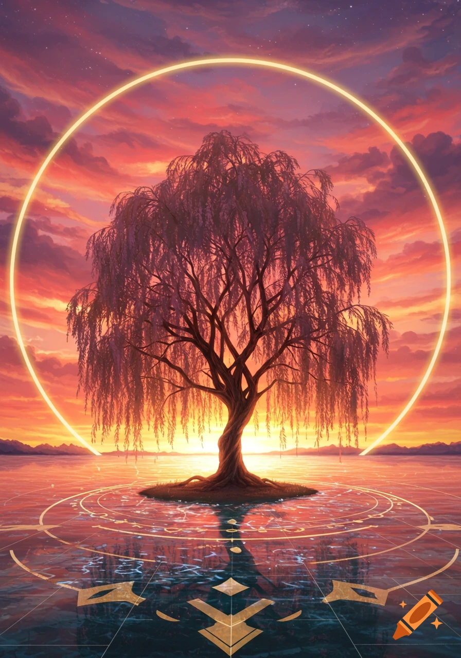 A willow tree on an island in water under a vibrant orange and pink sunset, encircled by a glowing golden ring, with symbols on the water.