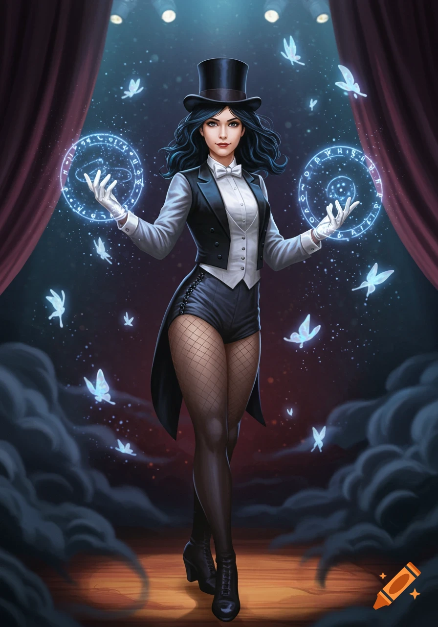 A female magician in a top hat and tuxedo jacket with short shorts and fishnet stockings casts a spell with glowing blue magic circles and butterflies.