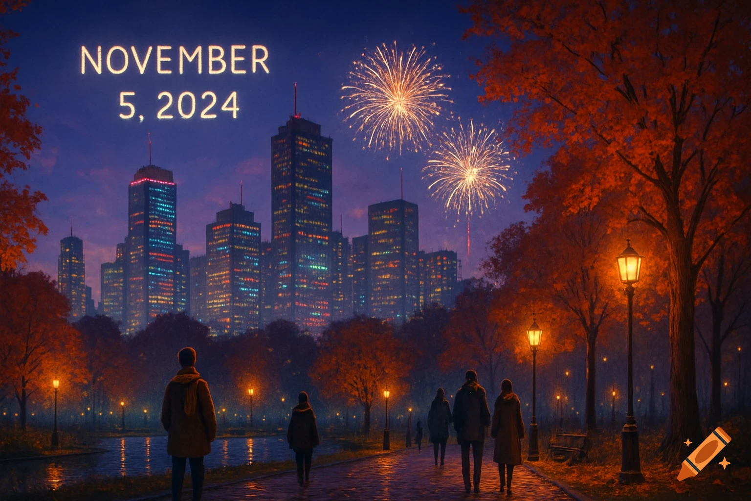 Stylized night scene with fireworks over a city, people walking in an autumn park, and the date 'November 5, 2024'.