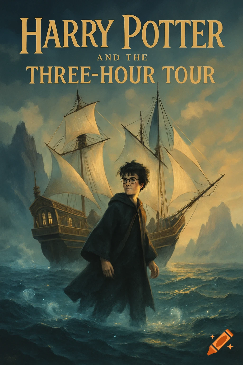 Book cover art of Harry Potter standing in choppy water with a large sailing ship behind him, mountains in the distance.