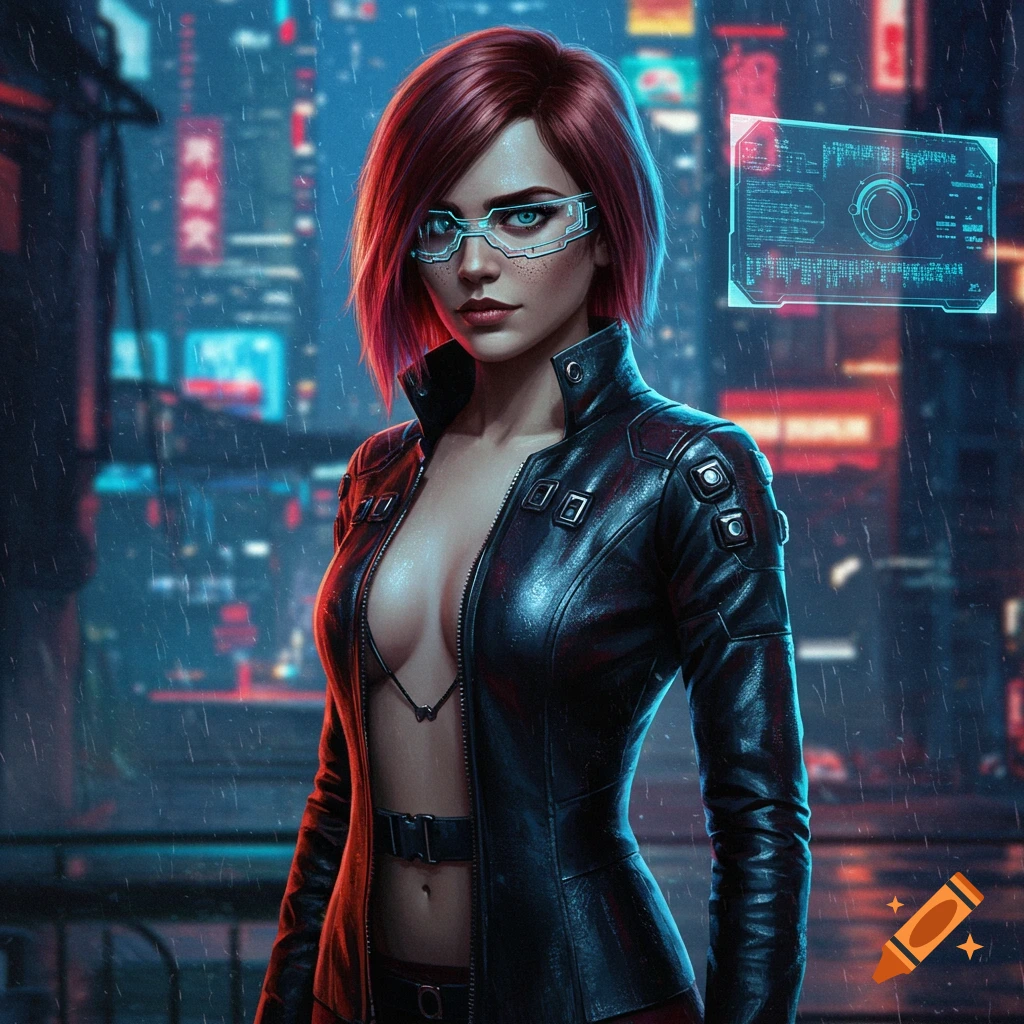 A photorealistic portrait of a red-haired woman with futuristic glasses in a rainy cyberpunk city at night, wearing an open leather jacket.