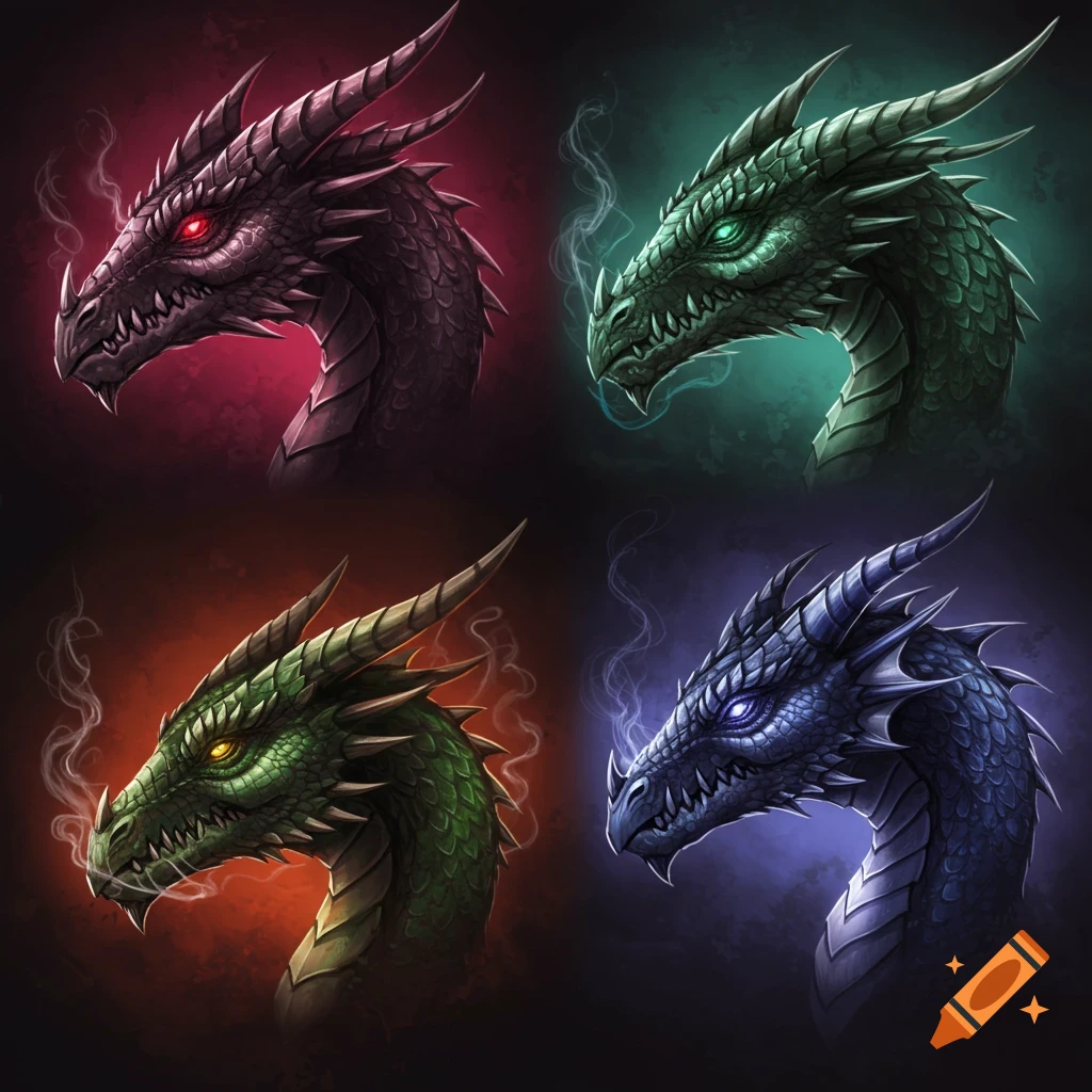 Four stylized dragon heads, each in a different color scheme with glowing eyes and wisps of smoke.