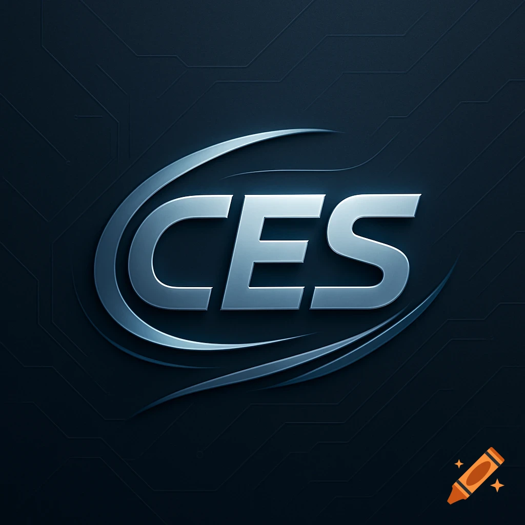 A 3D metallic logo for "CES" with curved elements on a dark, circuit-patterned background.
