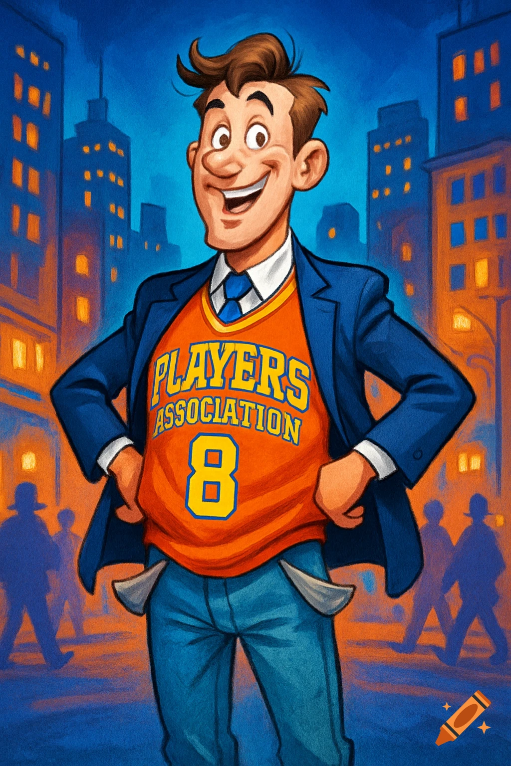 Cartoon man in a suit jacket and orange 'Players Association' jersey, with empty pockets, stands smiling in a city at night.