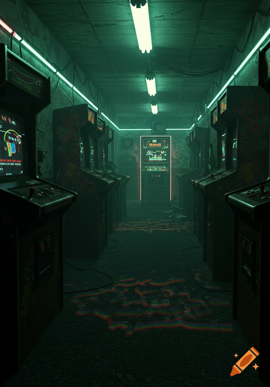 A dark, atmospheric arcade hallway with rows of vintage arcade machines under green neon lights, creating an unsettling mood.