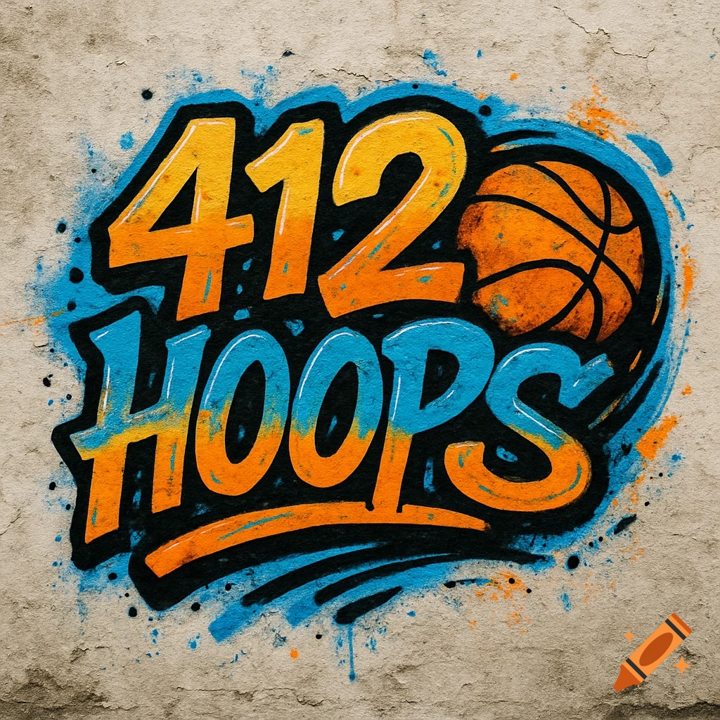 A graffiti-style logo saying '412 HOOPS' with a basketball in orange and blue on a concrete wall.