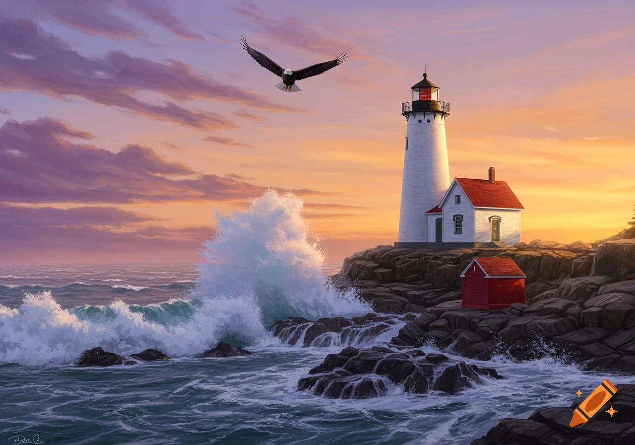 A photorealistic painting of a white lighthouse on a rocky coast with crashing waves at sunset and a bald eagle flying overhead.