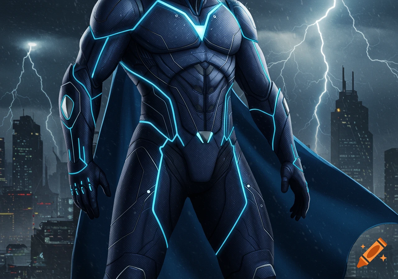 A close-up of a muscular superhero in a dark navy blue suit with bright glowing blue lines and a blue cape, against a stormy city skyline with lightning.