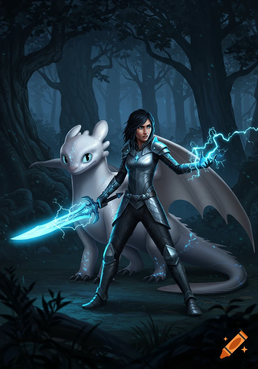 Female warrior in silver armor with a glowing sword and lightning, standing with a white dragon in a dark, mystical forest.