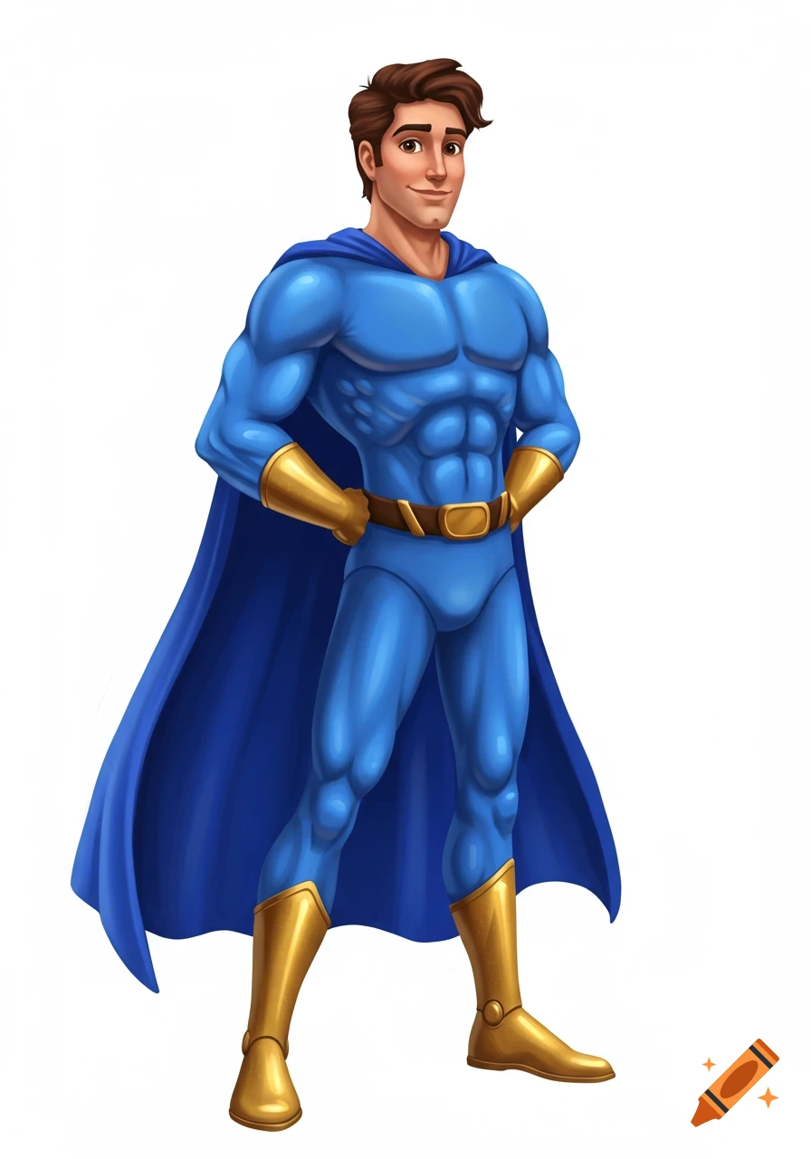A muscular male superhero in a blue suit, blue cape, and gold accents stands smiling on a white background in a Disney Pixar style.