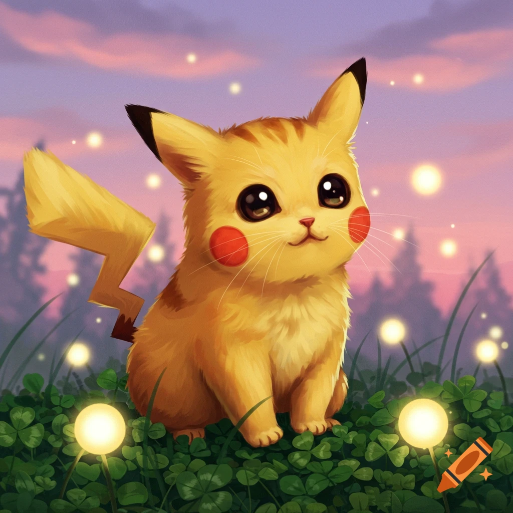 A cute, fluffy Pikachu-kitten hybrid sits in a field of green clover with glowing orbs, under a pink and purple sunset sky.