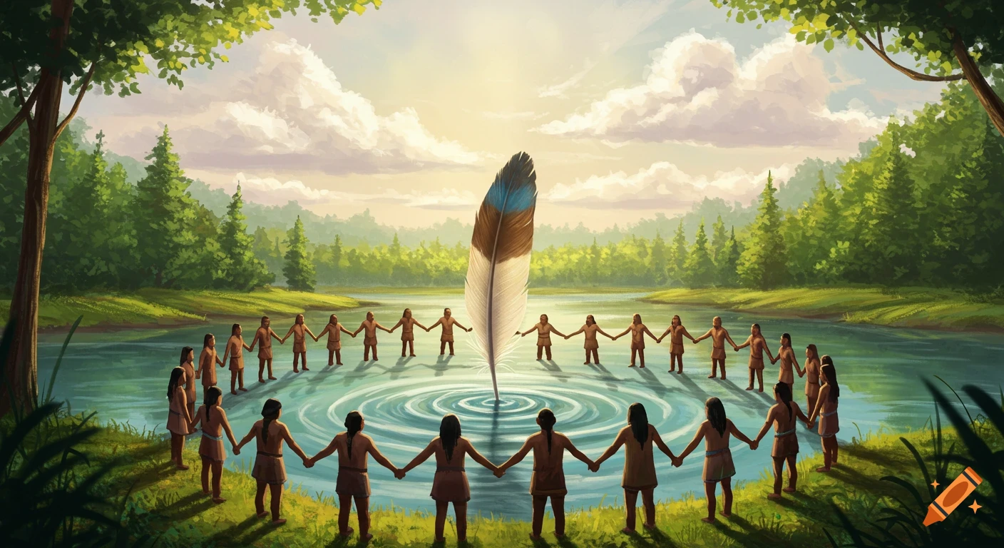 Illustration of people in a circle holding hands in a river, surrounding a large feather, with forests and a bright sky.