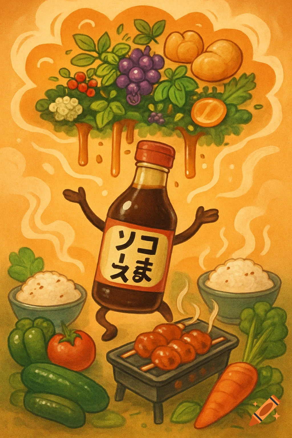 An illustration of a cartoon Japanese sauce bottle with limbs, surrounded by fresh vegetables, fruit, rice, and grilled skewers, on an orange background.