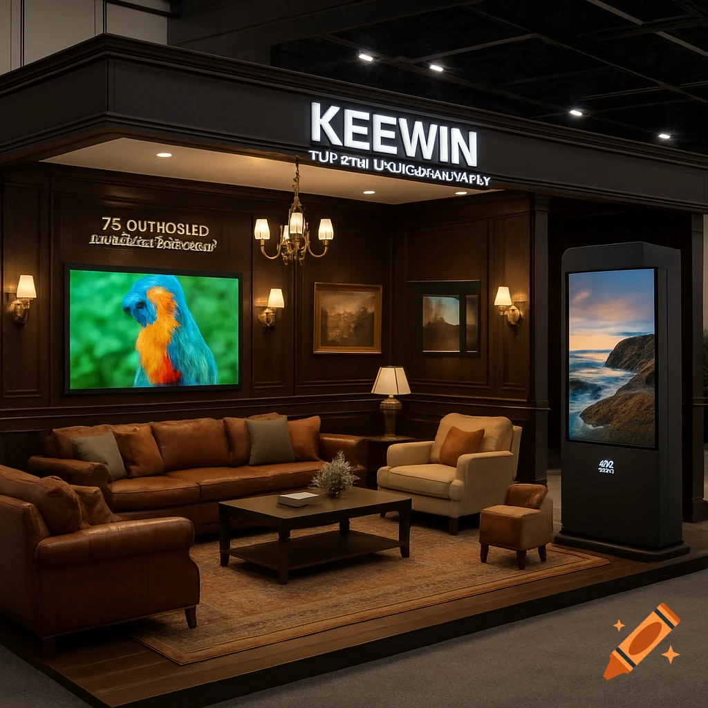 A luxurious European lounge-style exhibition booth featuring brown leather sofas, armchairs, a coffee table, and large digital displays showcasing a colorful parrot and an ocean landscape.