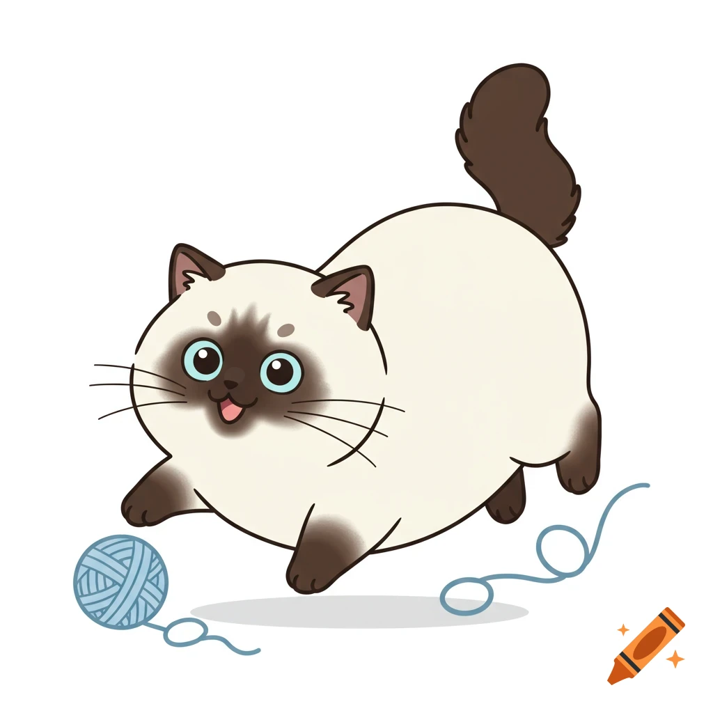 A chubby, happy, cartoon seal point cat with blue eyes pounces towards a light blue ball of yarn.
