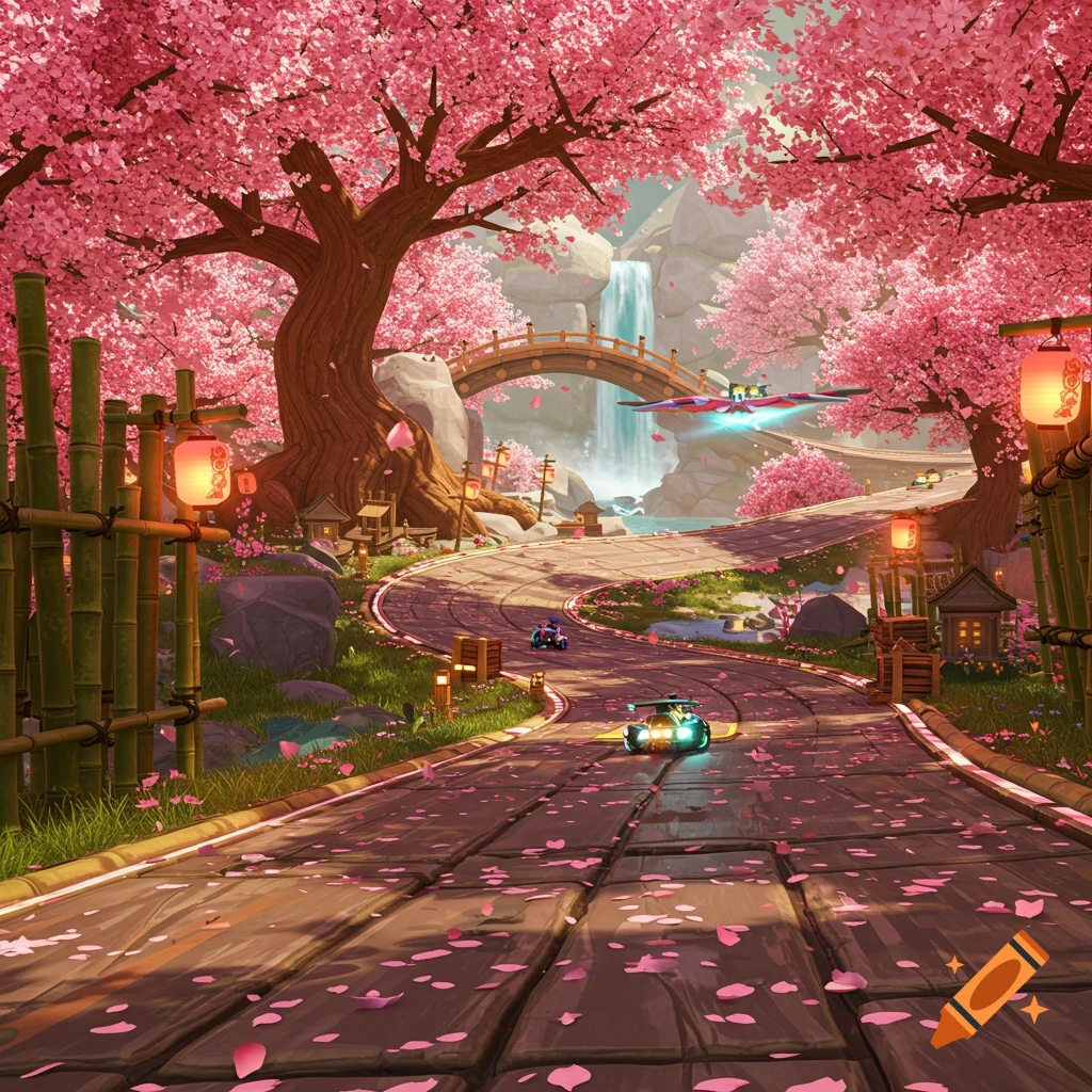 A vibrant, stylized racing track winding through a landscape filled with pink cherry blossoms, a waterfall, and traditional Japanese architecture, with two small race cars and a glider.