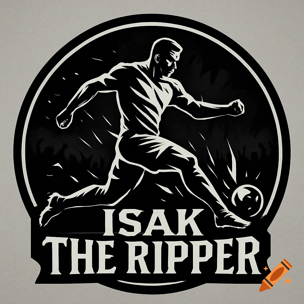 Black and white sports badge featuring a soccer player kicking a ball, with 'ISAK THE RIPPER' text below.