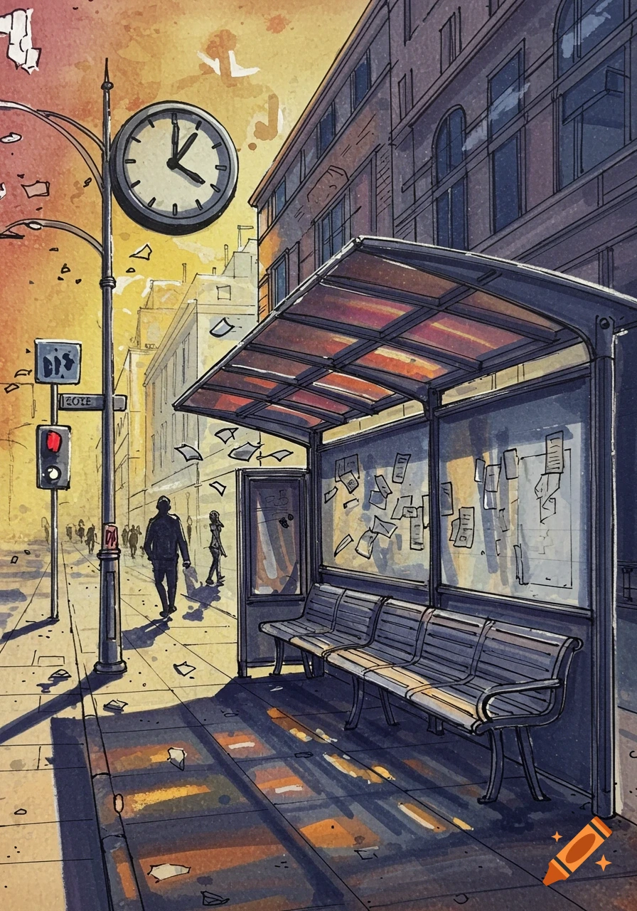 A watercolor sketch of an urban bus stop at sunset, with a street clock, street signs, and silhouetted figures walking away.