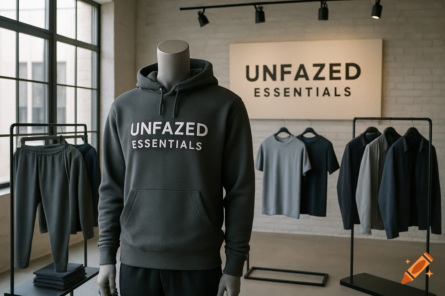 Photorealistic image of a clothing store with a mannequin wearing an 'UNFAZED ESSENTIALS' hoodie. Clothes hang on racks.