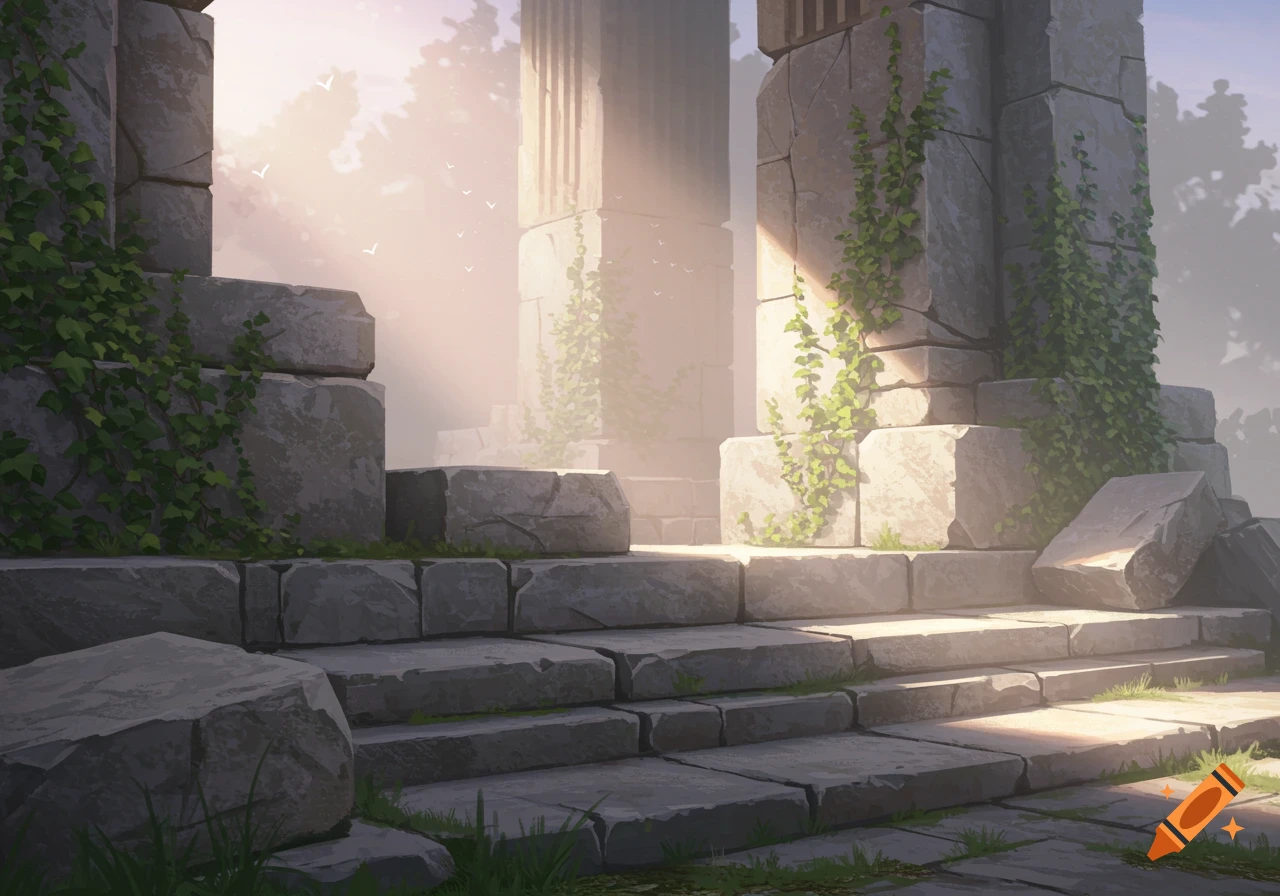 Ancient stone ruins with overgrown ivy, bathed in sunlight, against a hazy sky with birds.