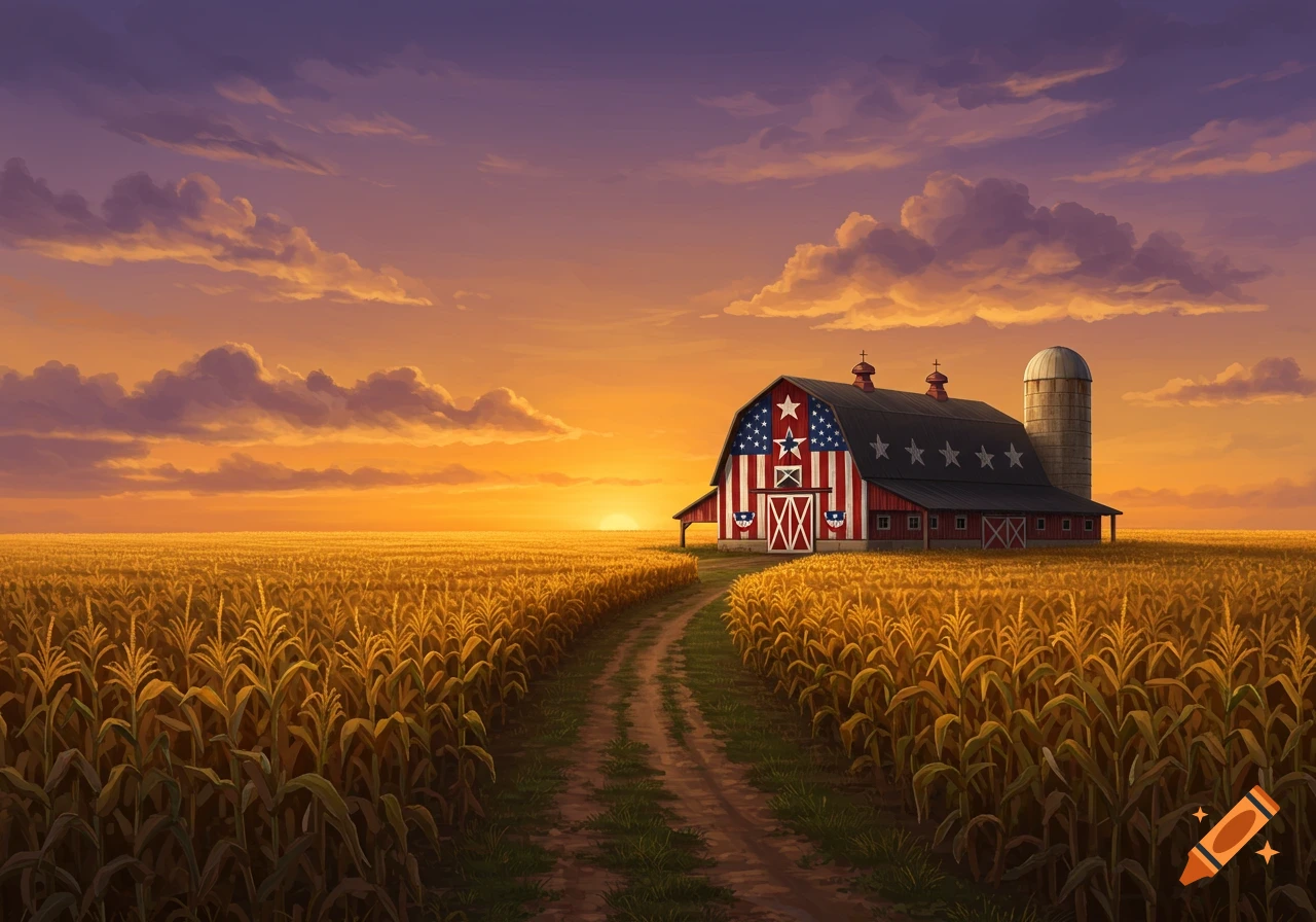 A vibrant illustration of a red barn decorated with a USA flag in a vast golden corn field at sunset, with a dirt path leading to it under a purple and orange sky.