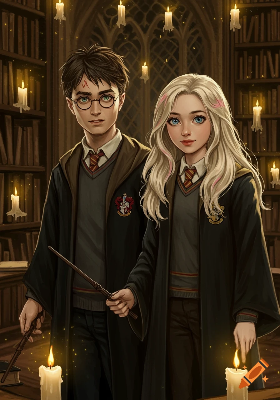 Two young wizard students, Harry Potter and a blonde girl, in Hogwarts robes holding wands in a candlelit library.