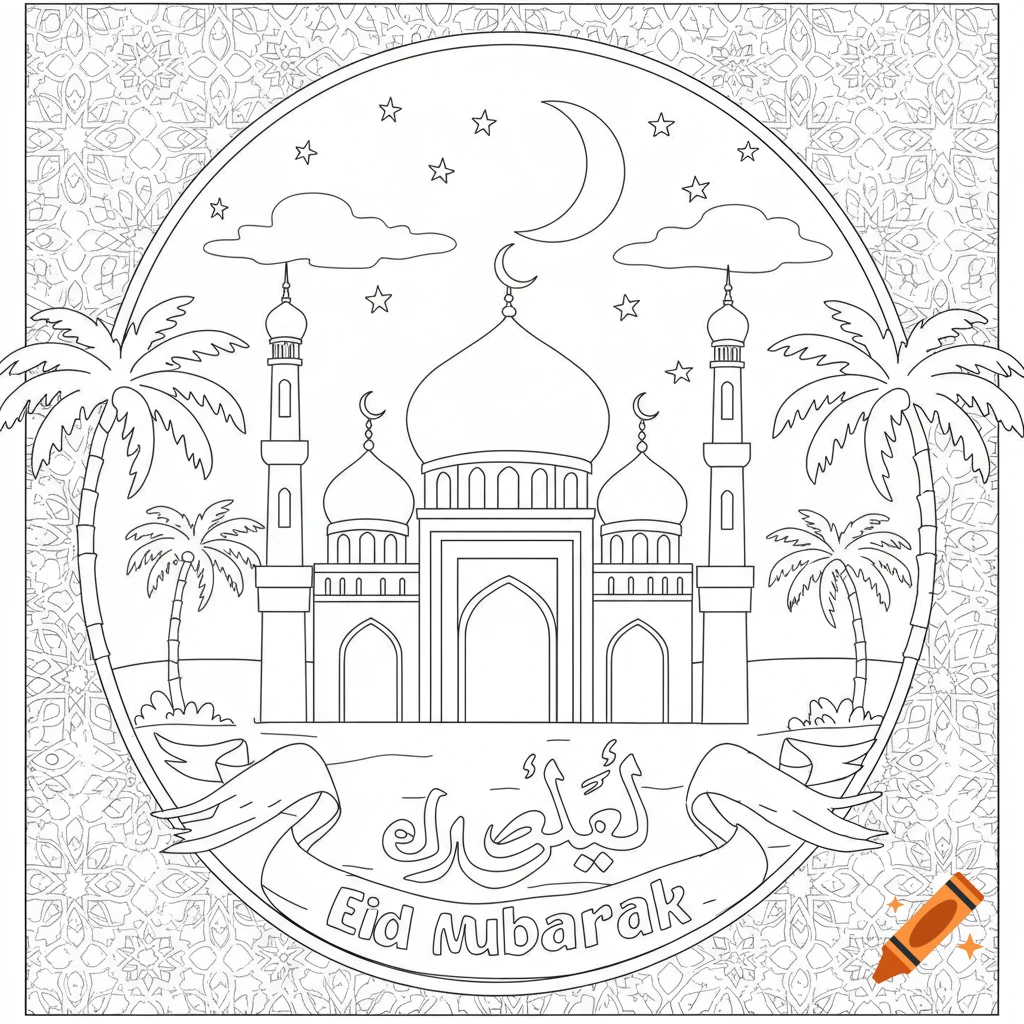 A line art coloring page features a mosque with minarets and palm trees under a moon and stars, with 'Eid Mubarak' on a banner.