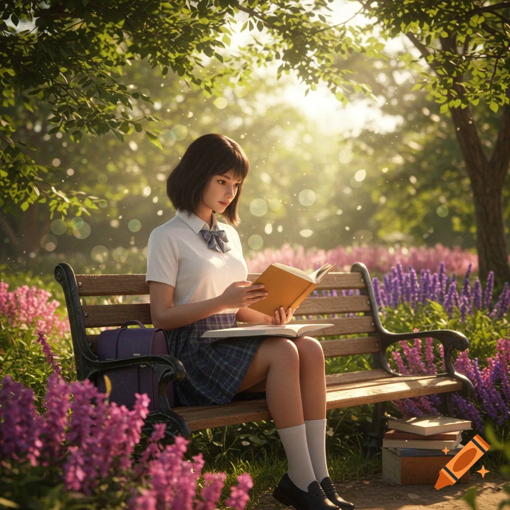 A photorealistic image of a school girl reading a book on a park bench, surrounded by colorful flowers and sunlit trees.