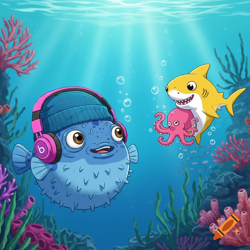 A cartoon blue puffer fish with pink headphones and a blue beanie next to a yellow shark holding a pink octopus underwater among coral.