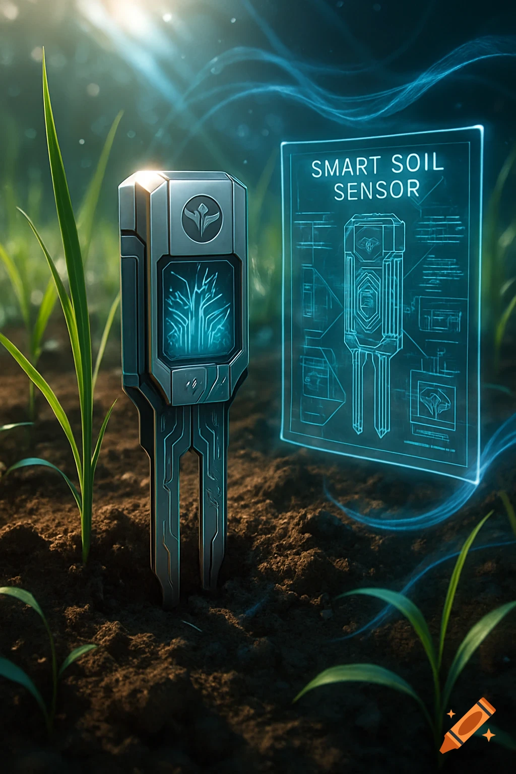 A smart soil sensor embedded in soil with green plants, next to a glowing holographic blueprint displaying 'SMART SOIL SENSOR'.