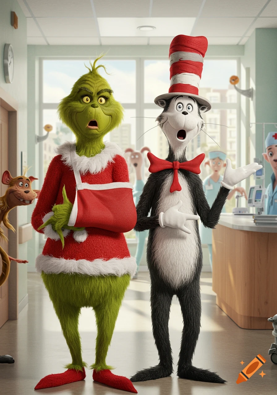 Cartoon Grinch with a bandaged arm and the Cat in the Hat look surprised in a hospital room.