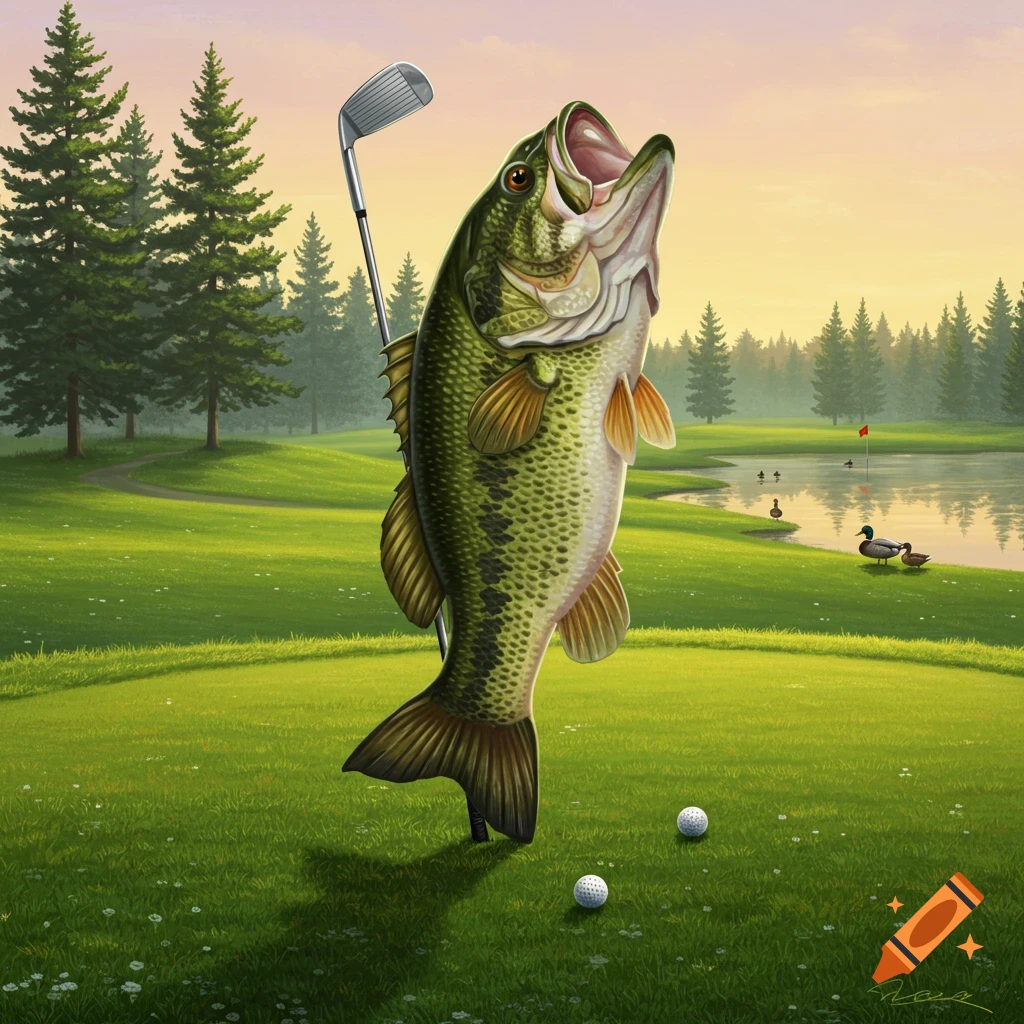 A largemouth bass stands upright on a golf course, holding a golf club like a person, with golf balls at its feet, a lake, and pine trees in the background.