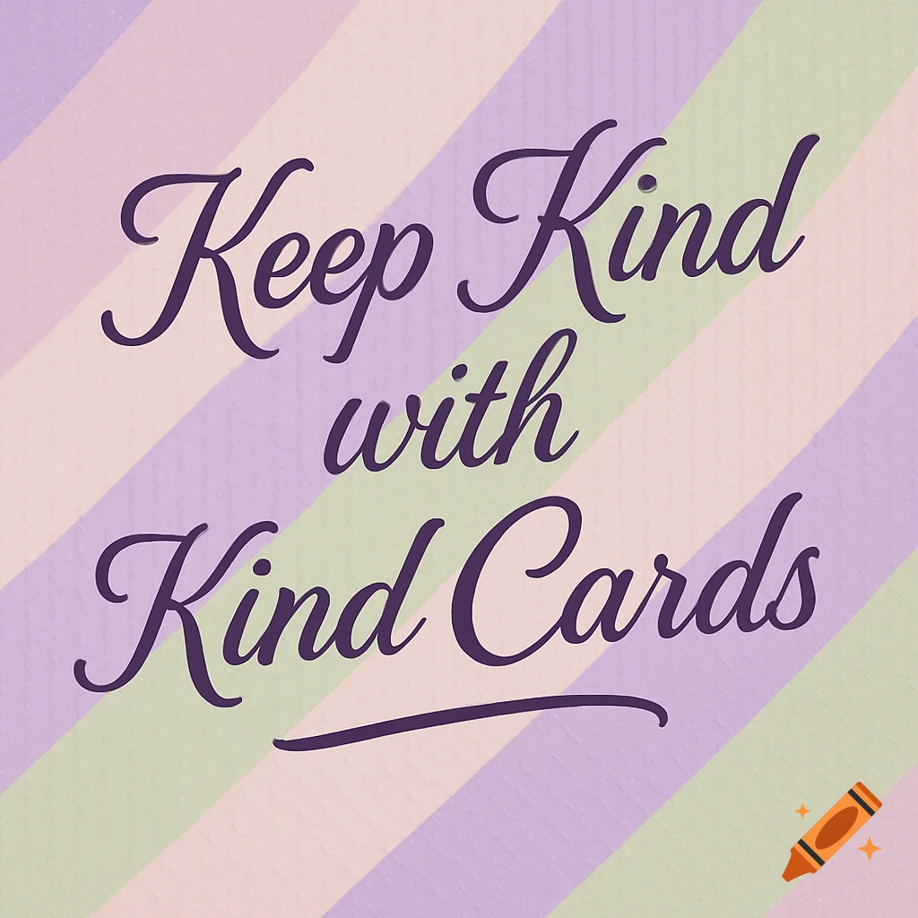 Purple script text 'Keep Kind with Kind Cards' on a striped background of light purple, pink, and green.