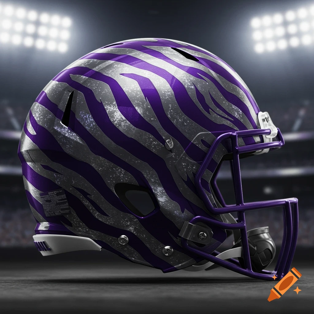 A football helmet with purple and silver tiger stripes under stadium lights.