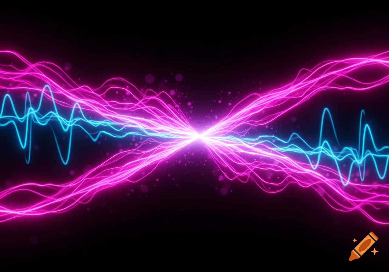 Abstract neon pink and blue light waves pulsating and converging on a black background.