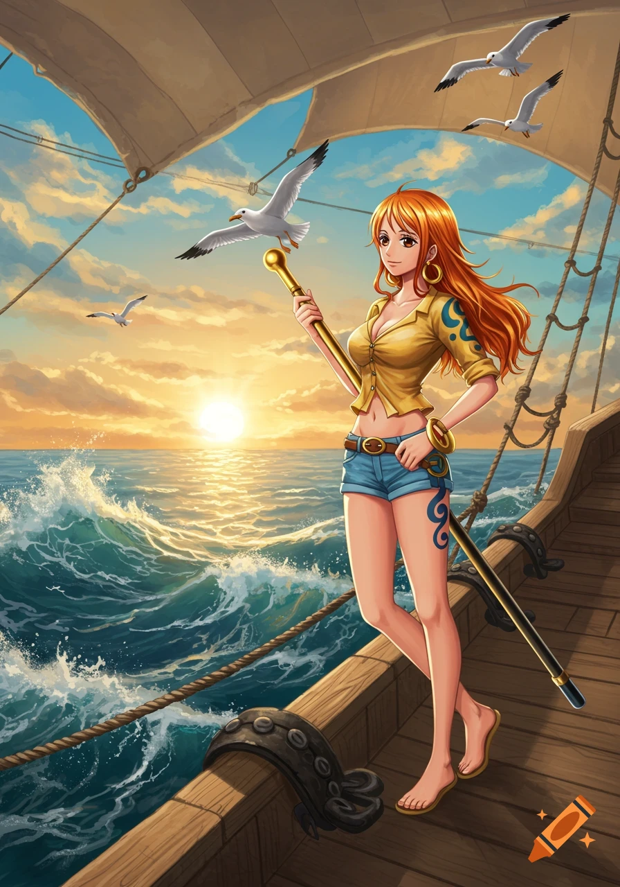 Anime illustration of Nami standing on a pirate ship deck at sunset, holding a staff, with seagulls flying over the ocean.