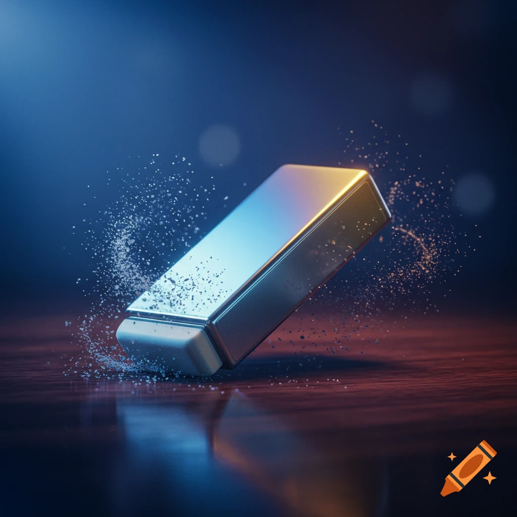 A metallic eraser floats above a wooden table, with particles scattering around it in a burst.
