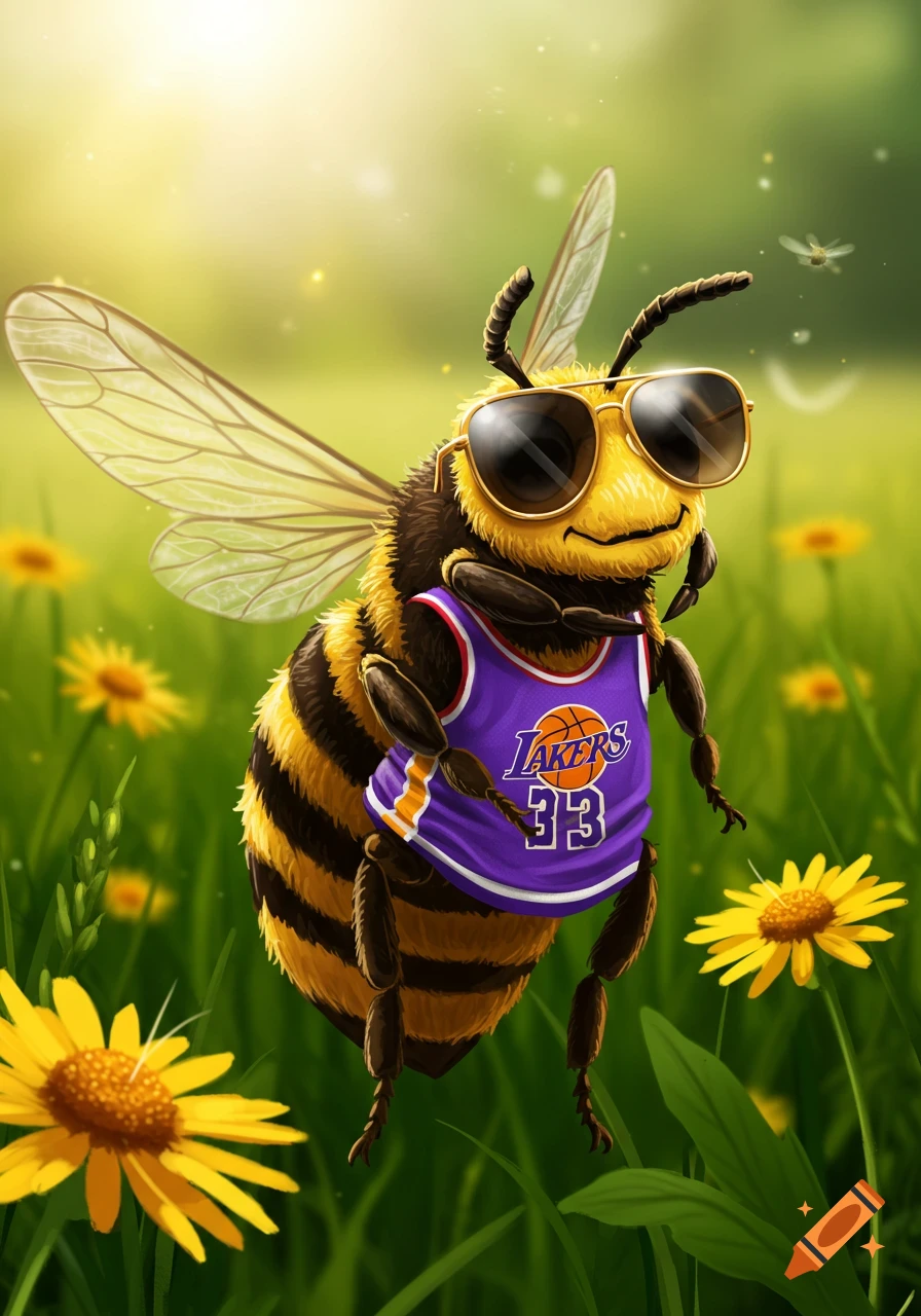 A happy cartoon bee wearing sunglasses and a purple Lakers basketball jersey, standing in a field of yellow flowers under sunlight.